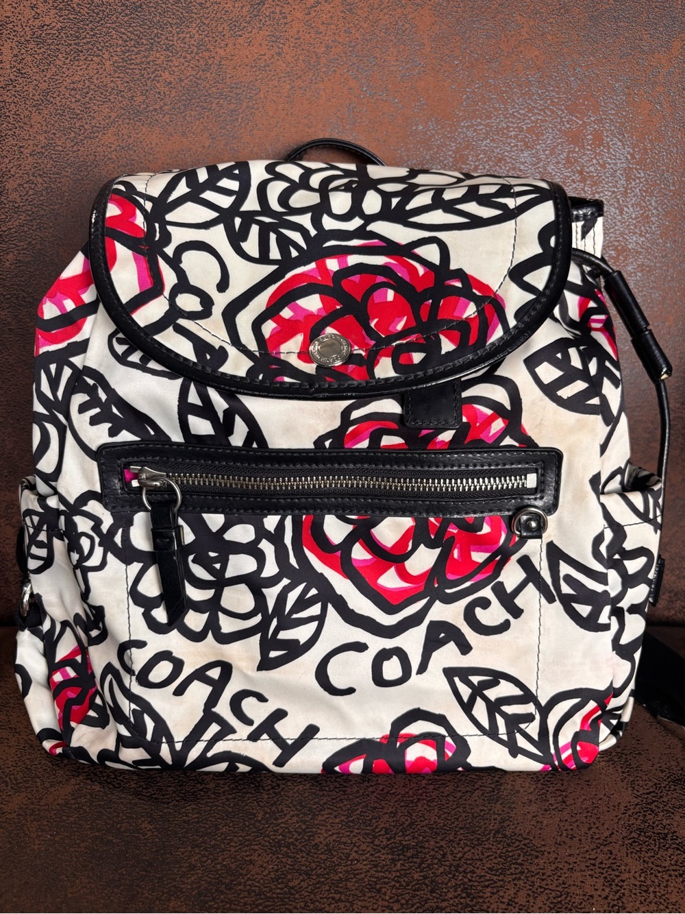 Coach Cream Floral Signature Backpack with Pink and Black Accents